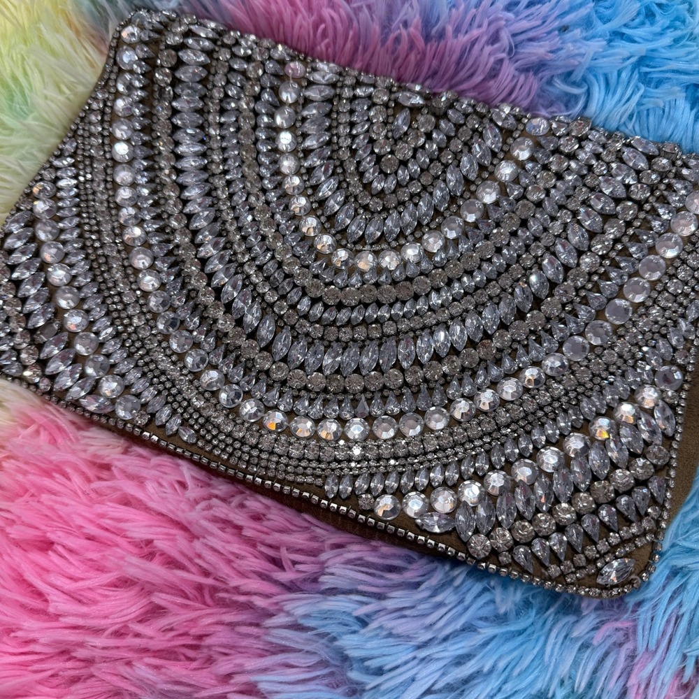 Bebe Tan Faux Suede Rhinestone Embellished Envelope Clutch Bag Sparkly Tan Small